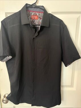 Reserved Black Short-Sleeve Button-Down Shirt with Paisley Trim
